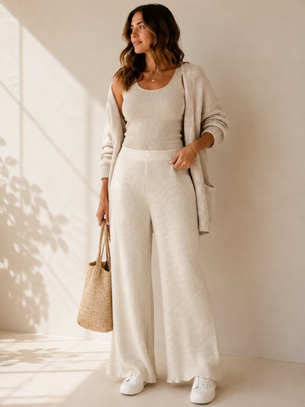 Aerie Ribbed Sweater Knit Wide Leg Pants Cream Pull On Lounge S